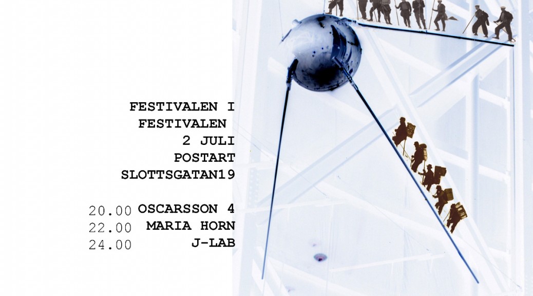 Festivalbild för 2 juli under cityfestivalen. Rysk sputniksattelit med collage av små bergvandrare som vandrar uppför sattelitens antenner. Programmet finns i bilden men finns också i programtexten i artikeln.
